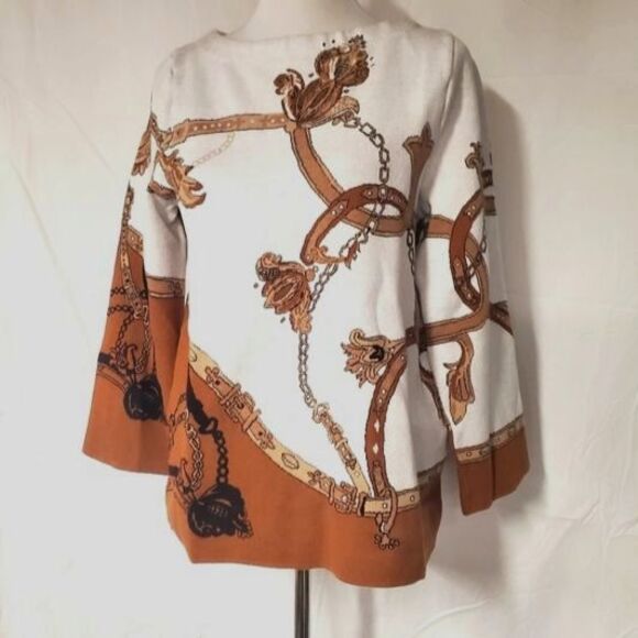 Chico's Classic Chain Belt and Floral Motif Bateau Neck Pullover Sweater Sz M - Picture 3 of 14